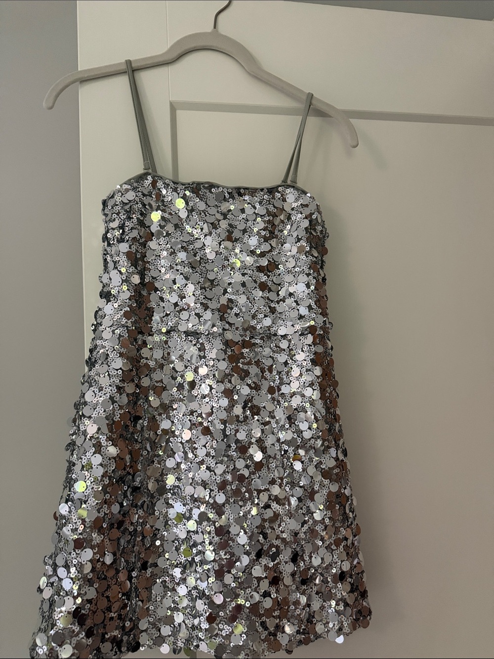 Katie J NYC Silver Sequin Spaghetti-Strap A-Line Dress